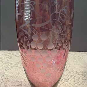 Beautiful Pink Glass Vase Etched with Grape and Vine Design.